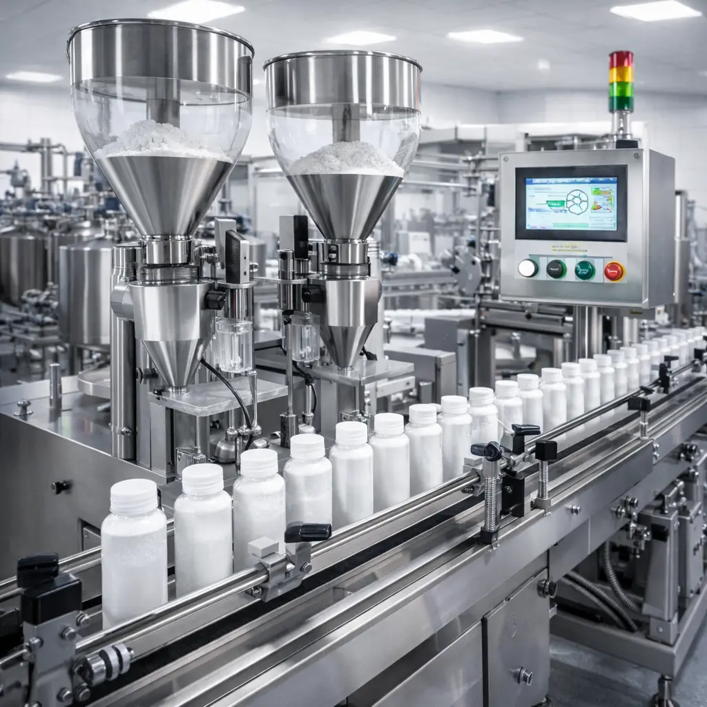 Adjustable powder filling line for packaging 50 to 500 mg